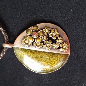 Antique bronze enamel pendant with braided leather cord necklace